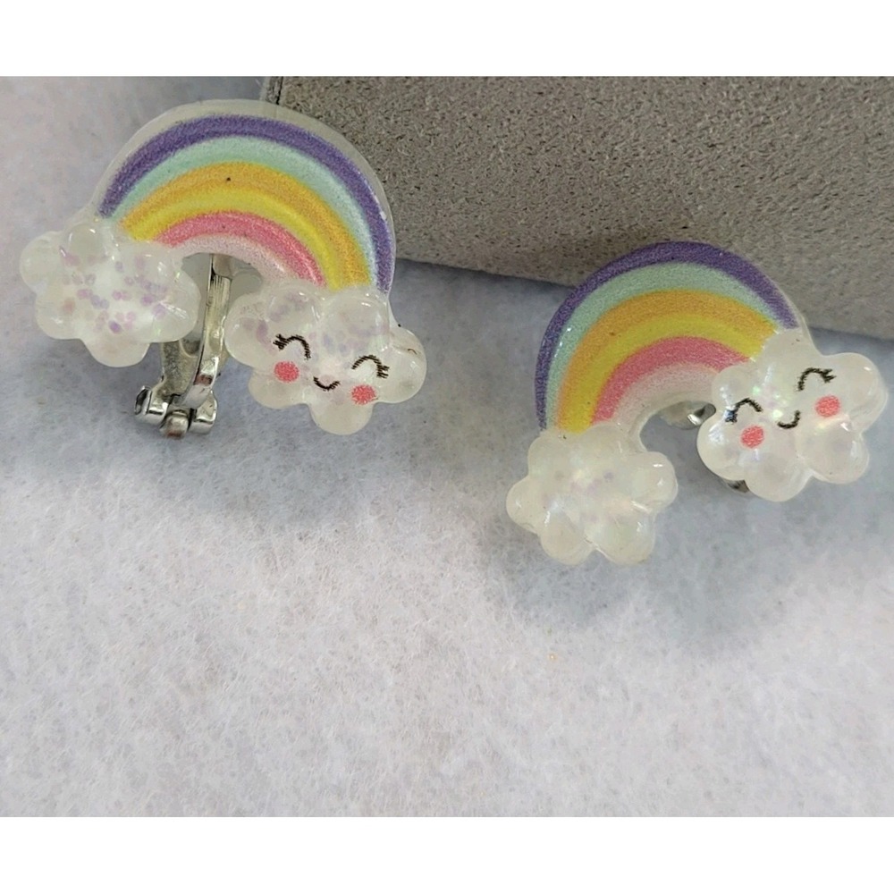 Kids rainbow cloud clip on earrings resin pastel Vintage